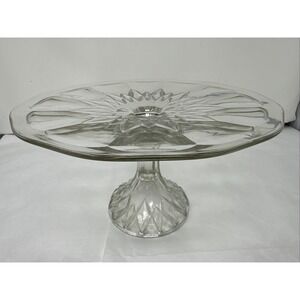 Vintage Clear Glass Pedestal Cake Plate Starburst Pattern 9.75" Diameter